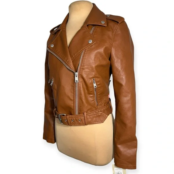 LEVI’S faux leather moto jacket cognac brown Women’s size Small 90’s style CBK - Picture 5 of 17